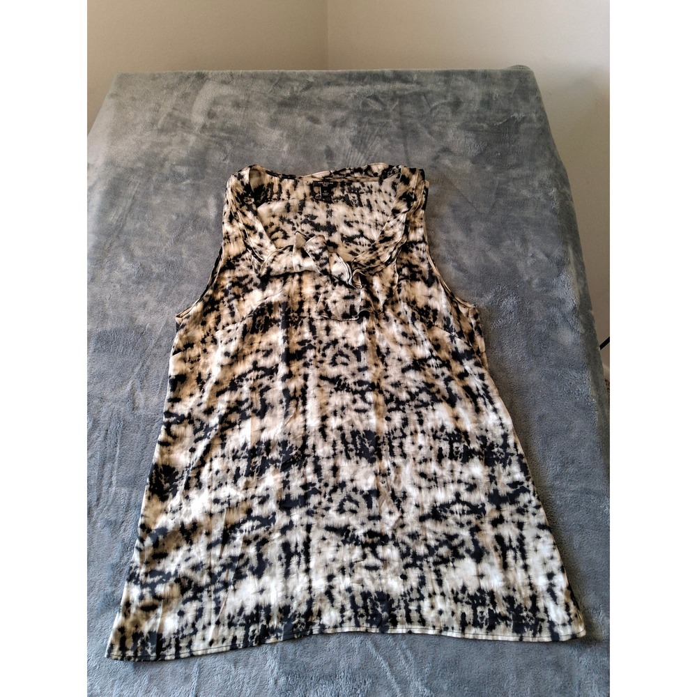 Ann Taylor Silk Sleeveless Blouse Black Cream Abstract Ruffle Neck Top Size 12